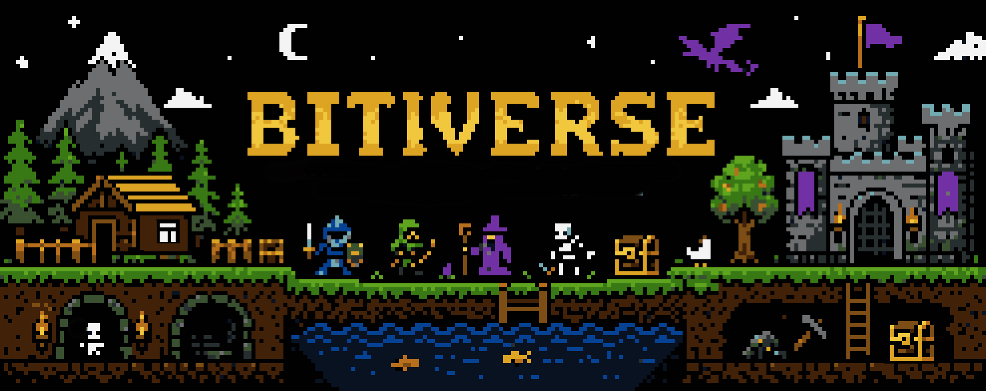 Bitiverse pixel-art logo showing adventurers between a homestead and castle
